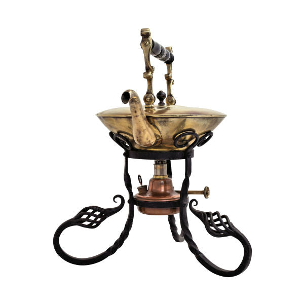 Brass kettle with wrought iron stand