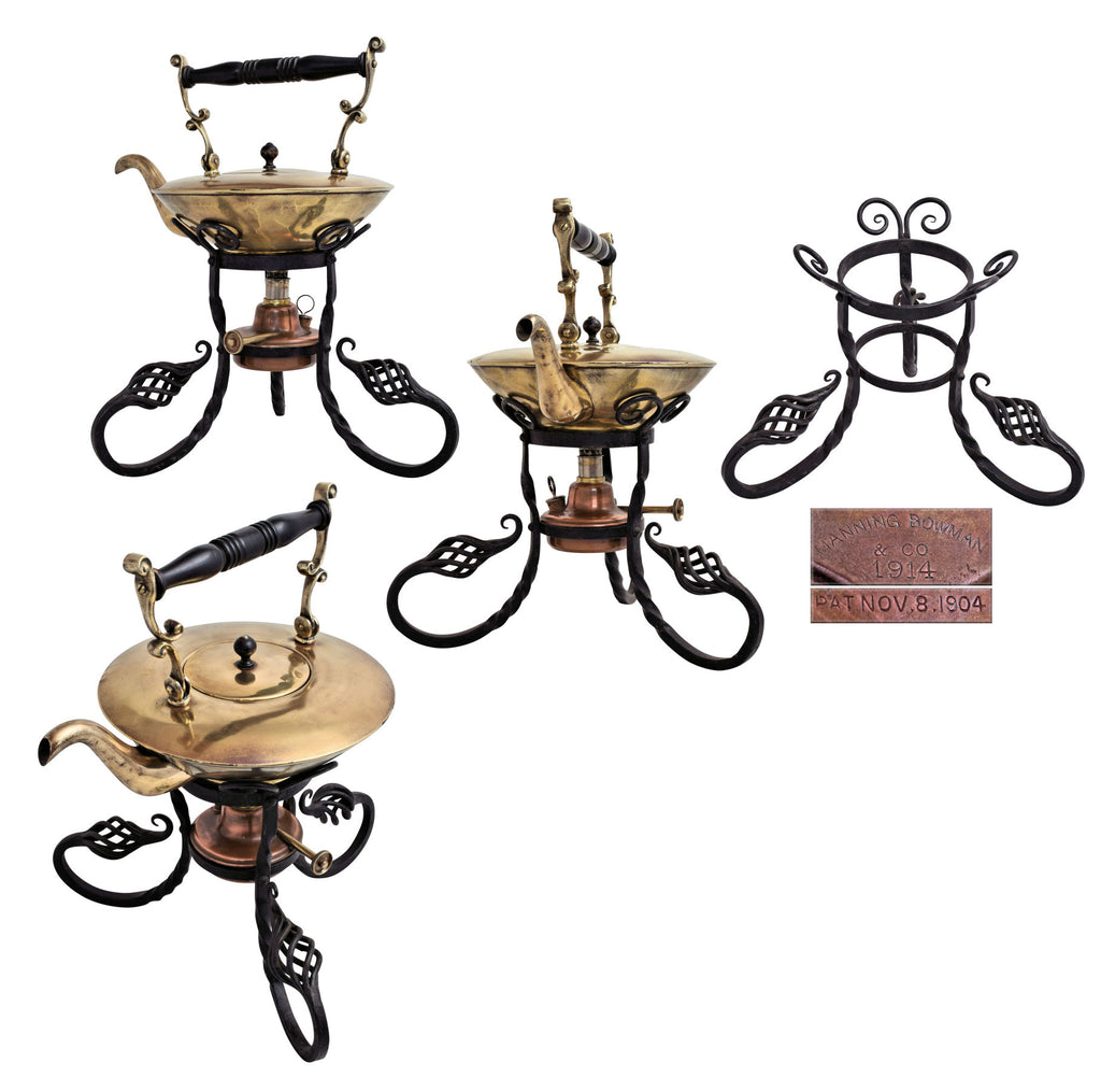 Brass kettle with wrought iron stand